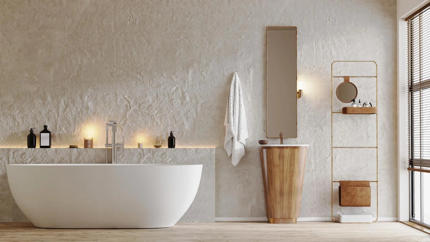 Bright modern bathroom with a freestanding soaking tub